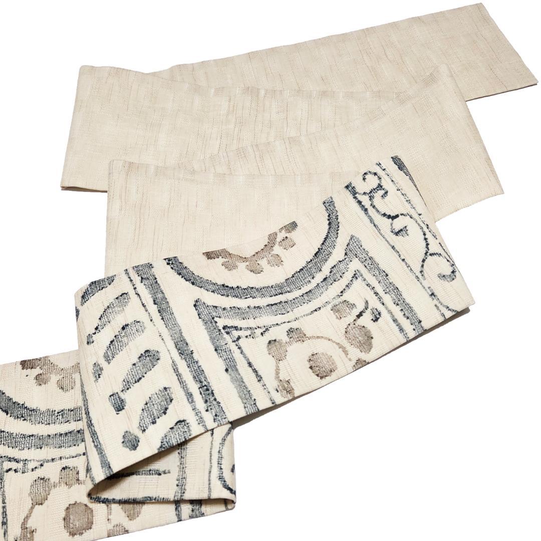 値下げ九寸名古屋帯 小千谷紬 麻 手染め 正絹 抽象文様 花柄 ベージュ色 夏用