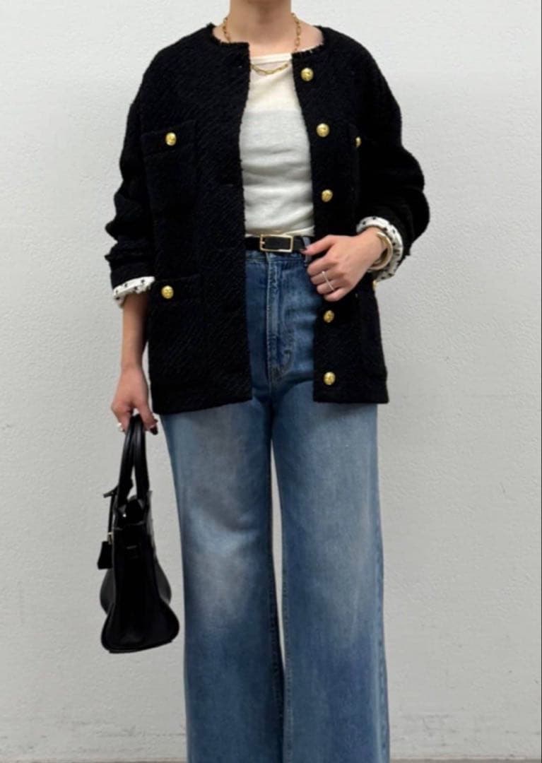 【新品】 ノーカラーツウィードジャケット 黒 秋 冬