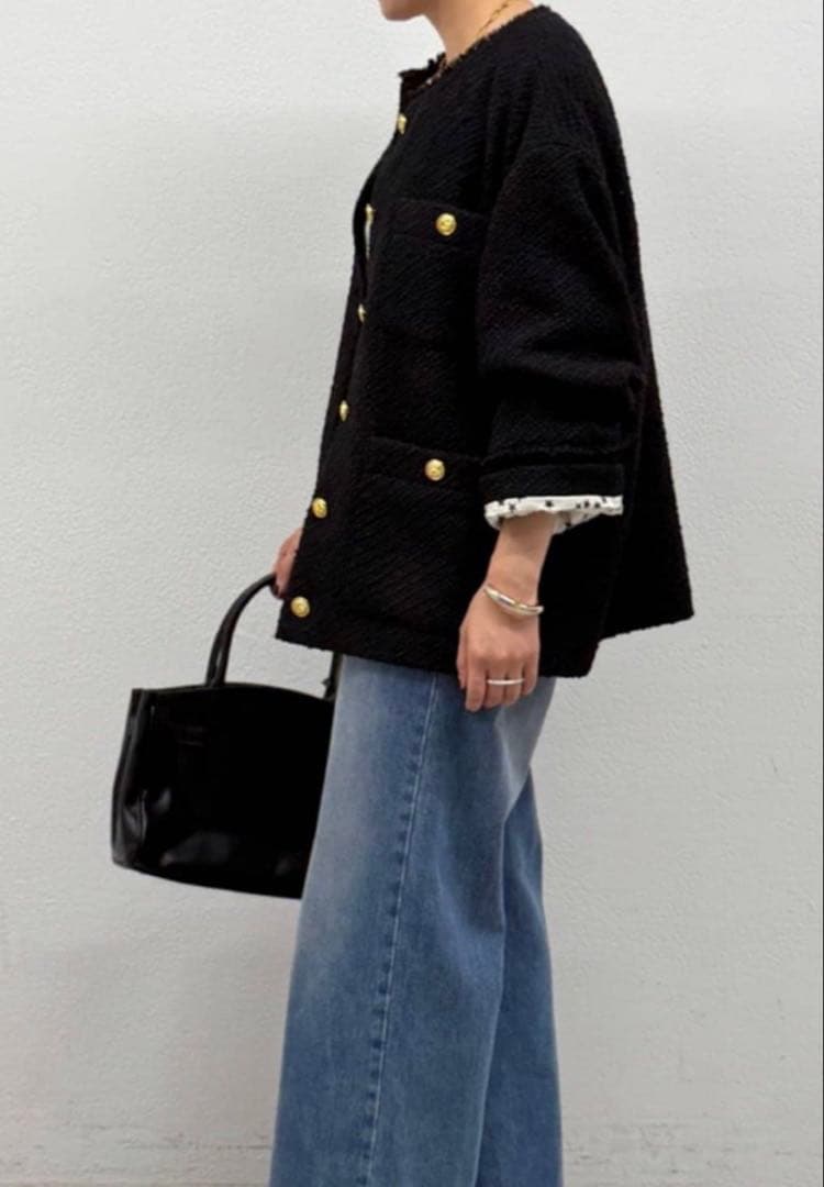 【新品】 ノーカラーツウィードジャケット 黒 秋 冬