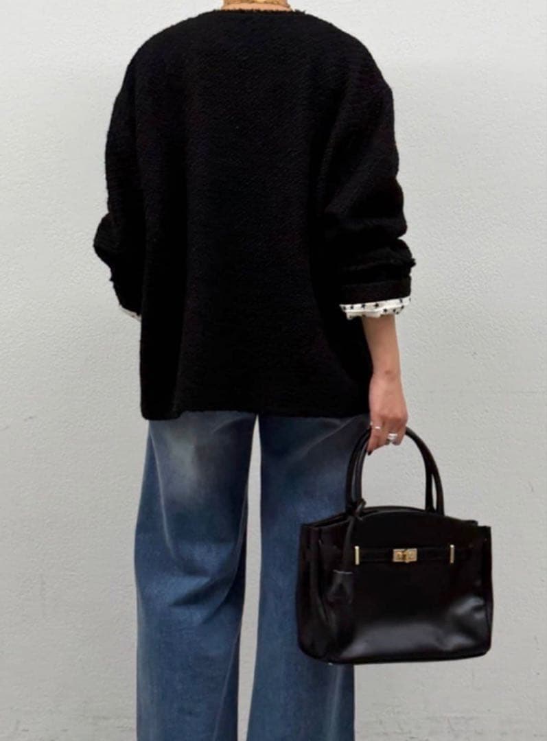 【新品】 ノーカラーツウィードジャケット 黒 秋 冬