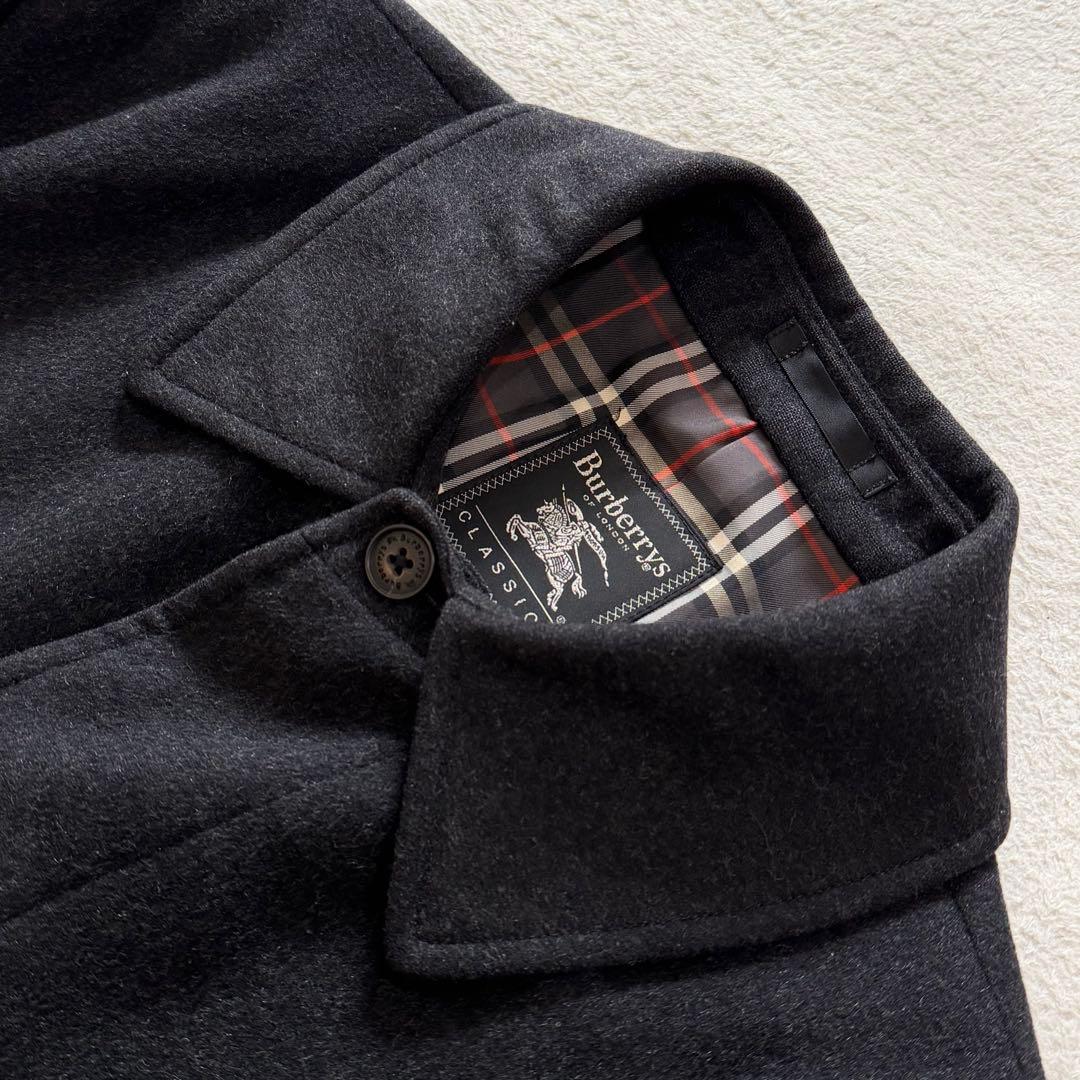 バーバリーズ　ウールコート　ロング　カシミヤ混　チェック　ロゴ刻印釦　グレー　M