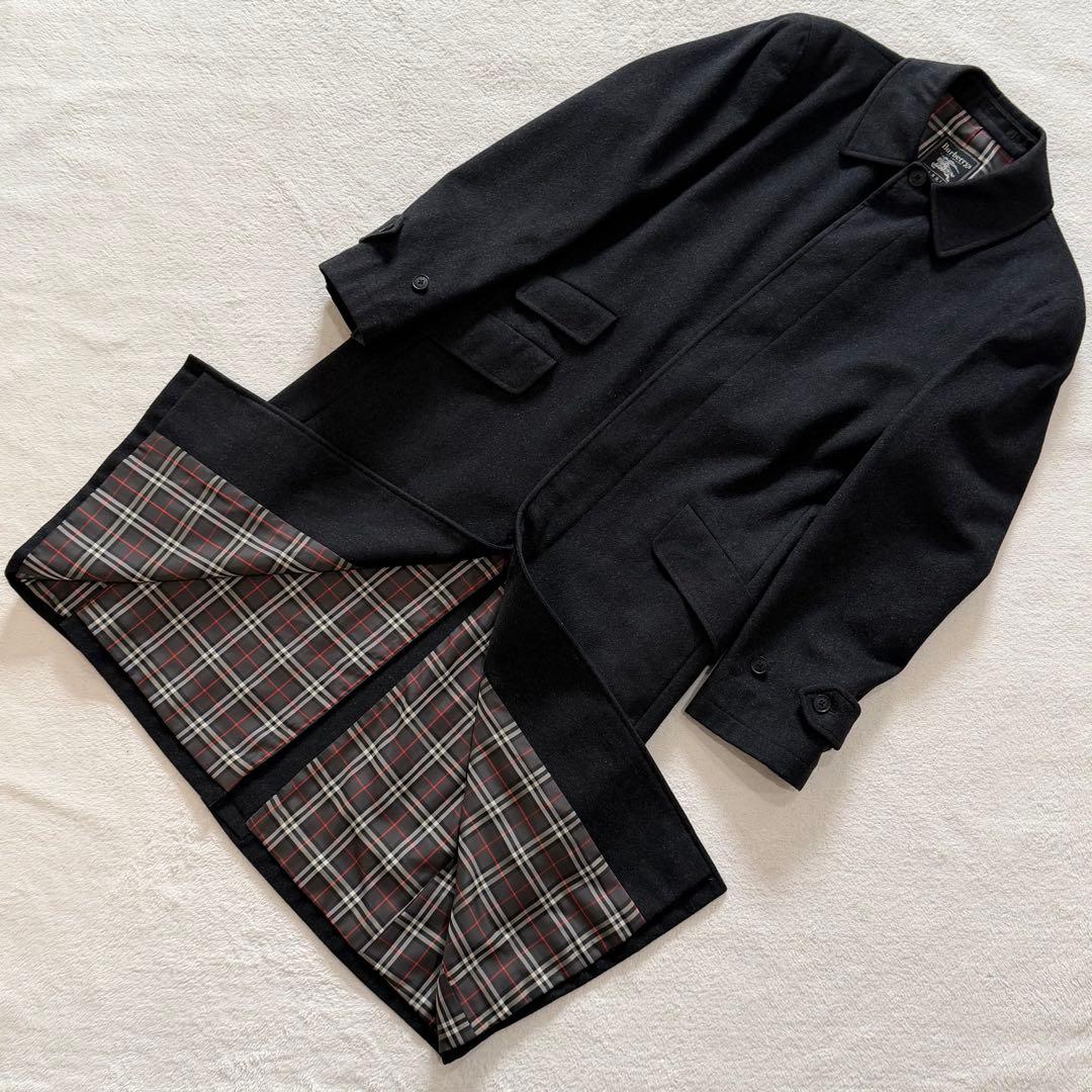バーバリーズ　ウールコート　ロング　カシミヤ混　チェック　ロゴ刻印釦　グレー　M
