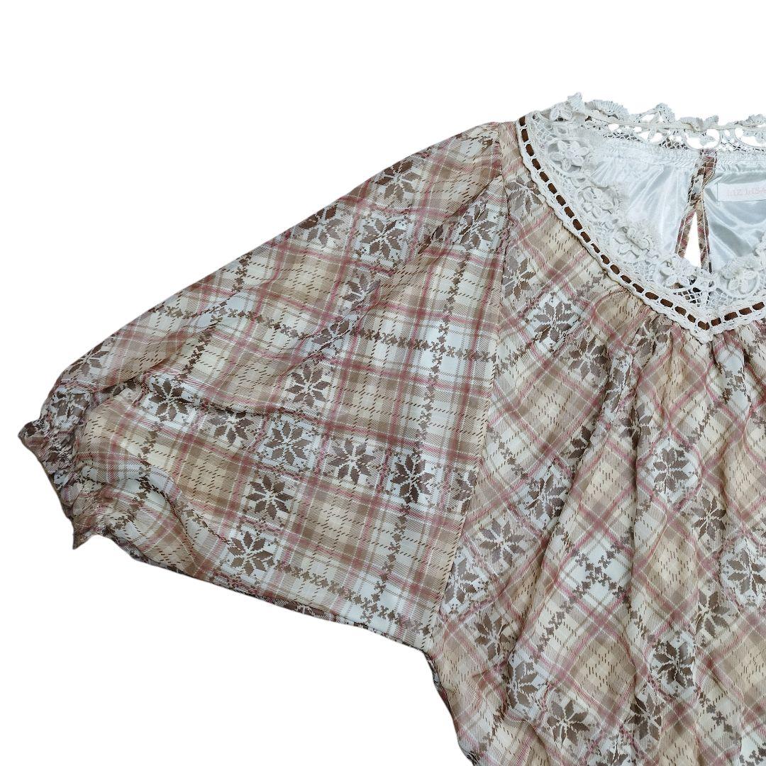 リズリサ バルーンスリーブ チェック ブラウン チュニック 姫カジ Y2K 古着