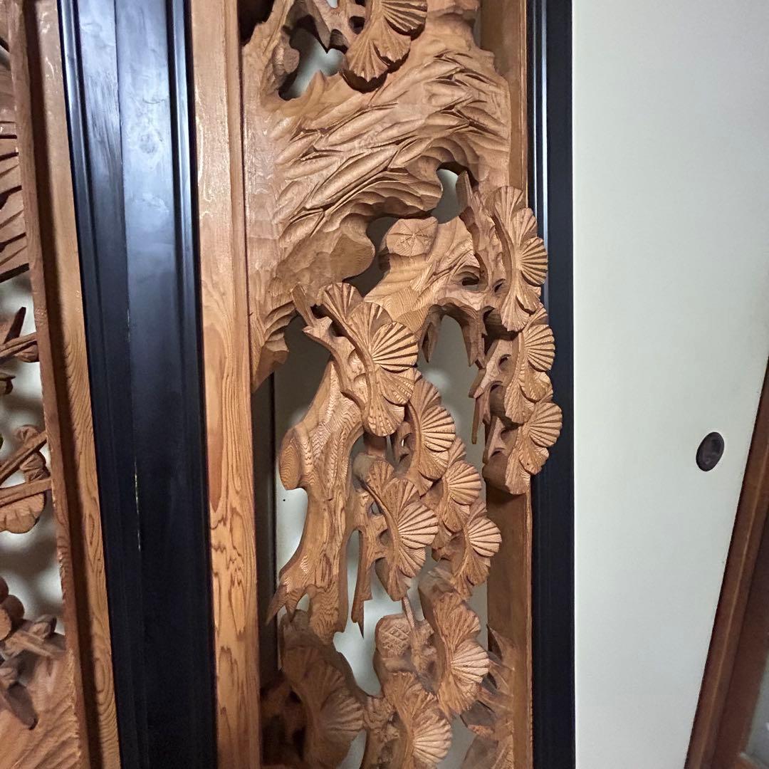 欄間　屋久杉　高級材笹杢　松竹梅　2枚　銘有り　伝統工芸　木彫り　古民家