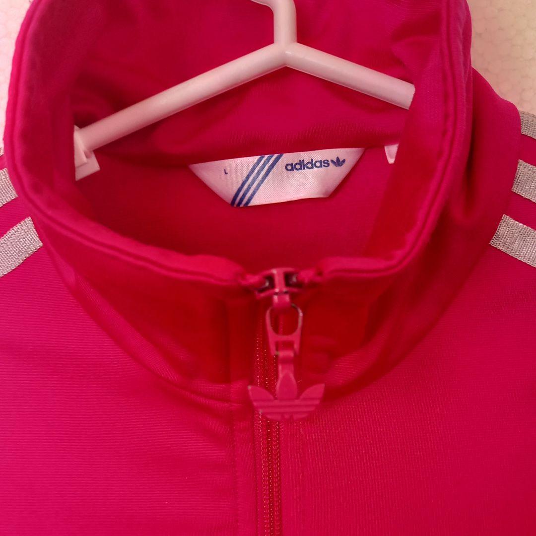 adidas ピンク ジップアップジャケット刺繍ロゴ　背面ロゴ　L