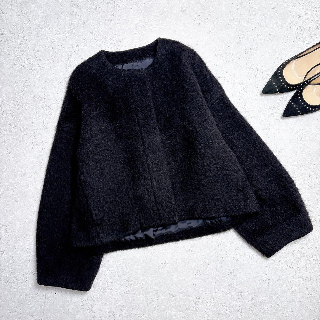 アルアバイル　モヘヤ混　シャギーノーカラージャケット　ショートコート