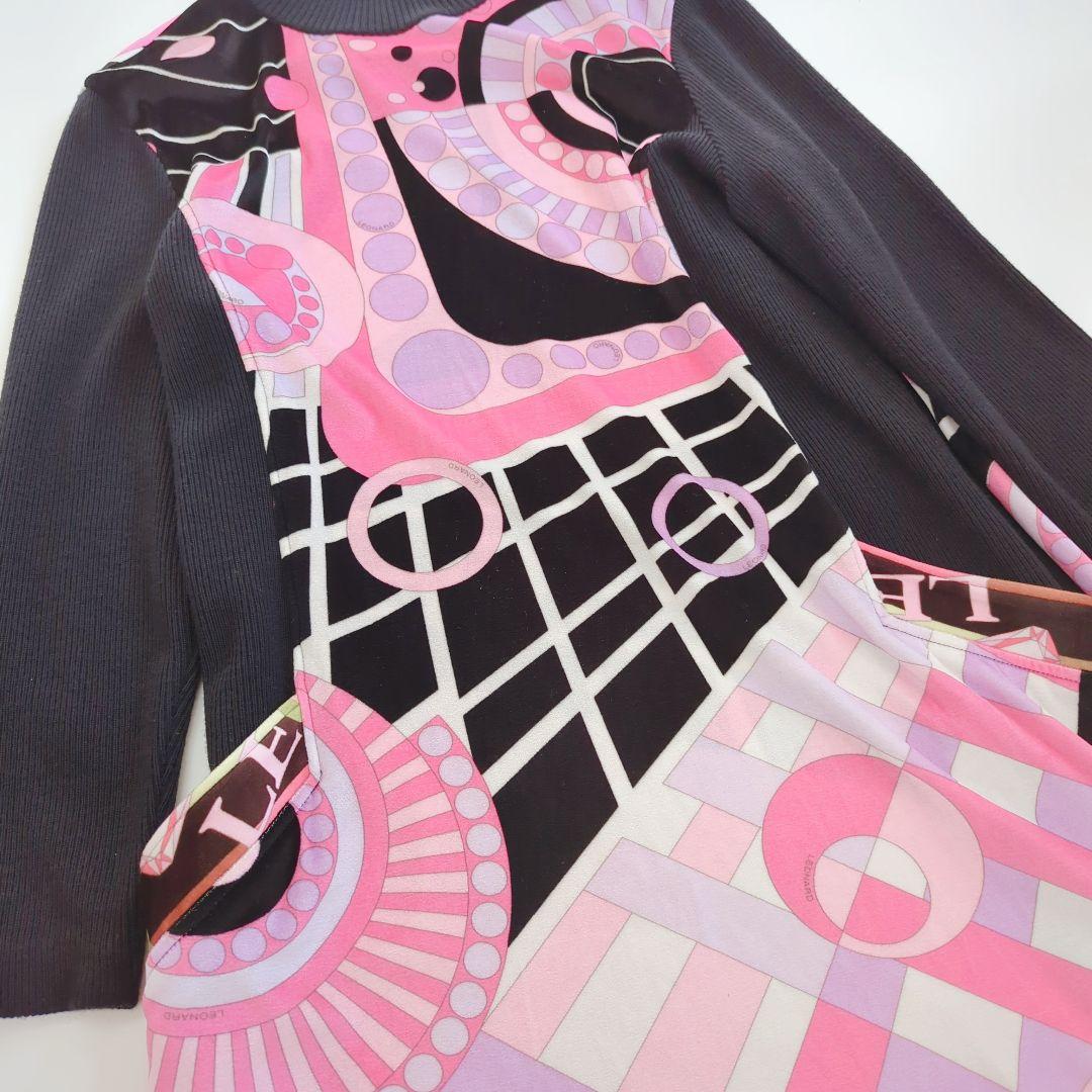 【美品】 レオナール ニット切替ベロアワンピース フラワーバスケット 42 XL