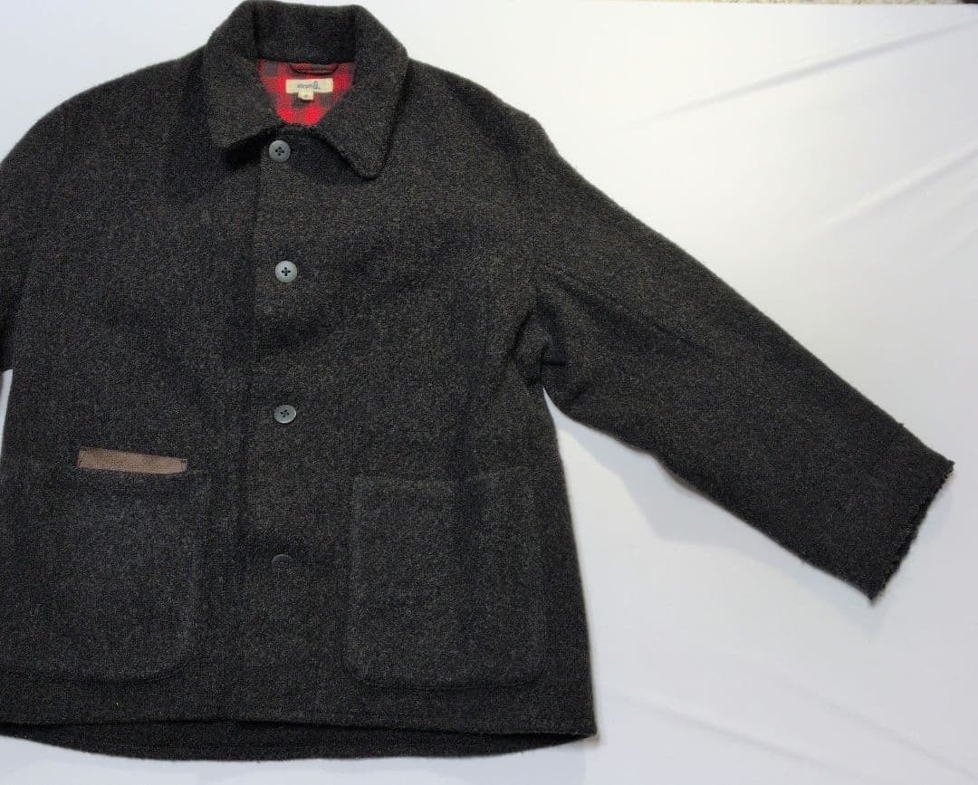 45rpm& レザー切替 切りっぱなし加工ウールコート 日本製　チャコールグレー