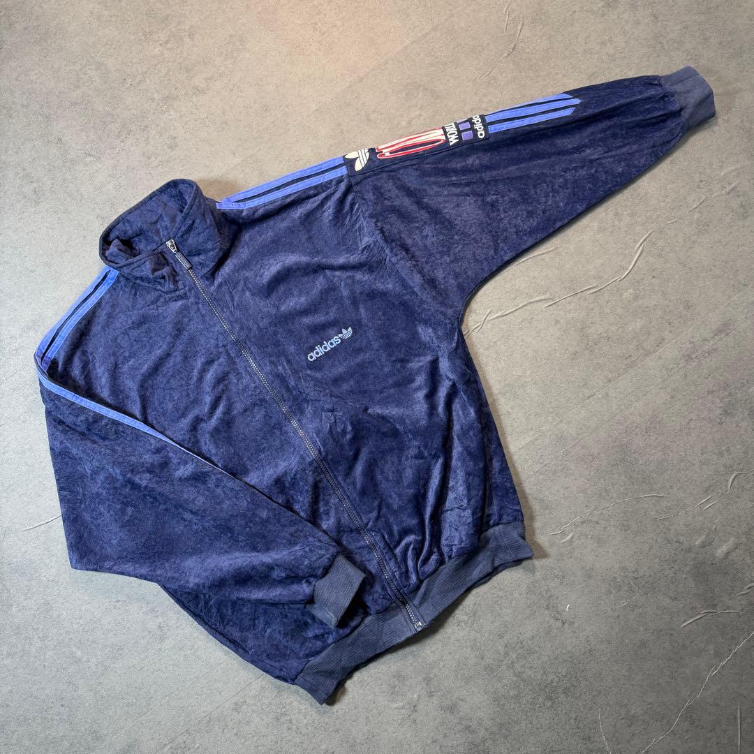 80s adidas ベロアトラックジャケット アディダス ジャージネイビー古着