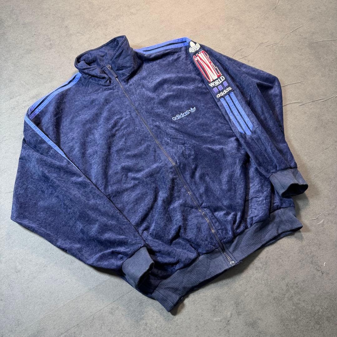 80s adidas ベロアトラックジャケット アディダス ジャージネイビー古着