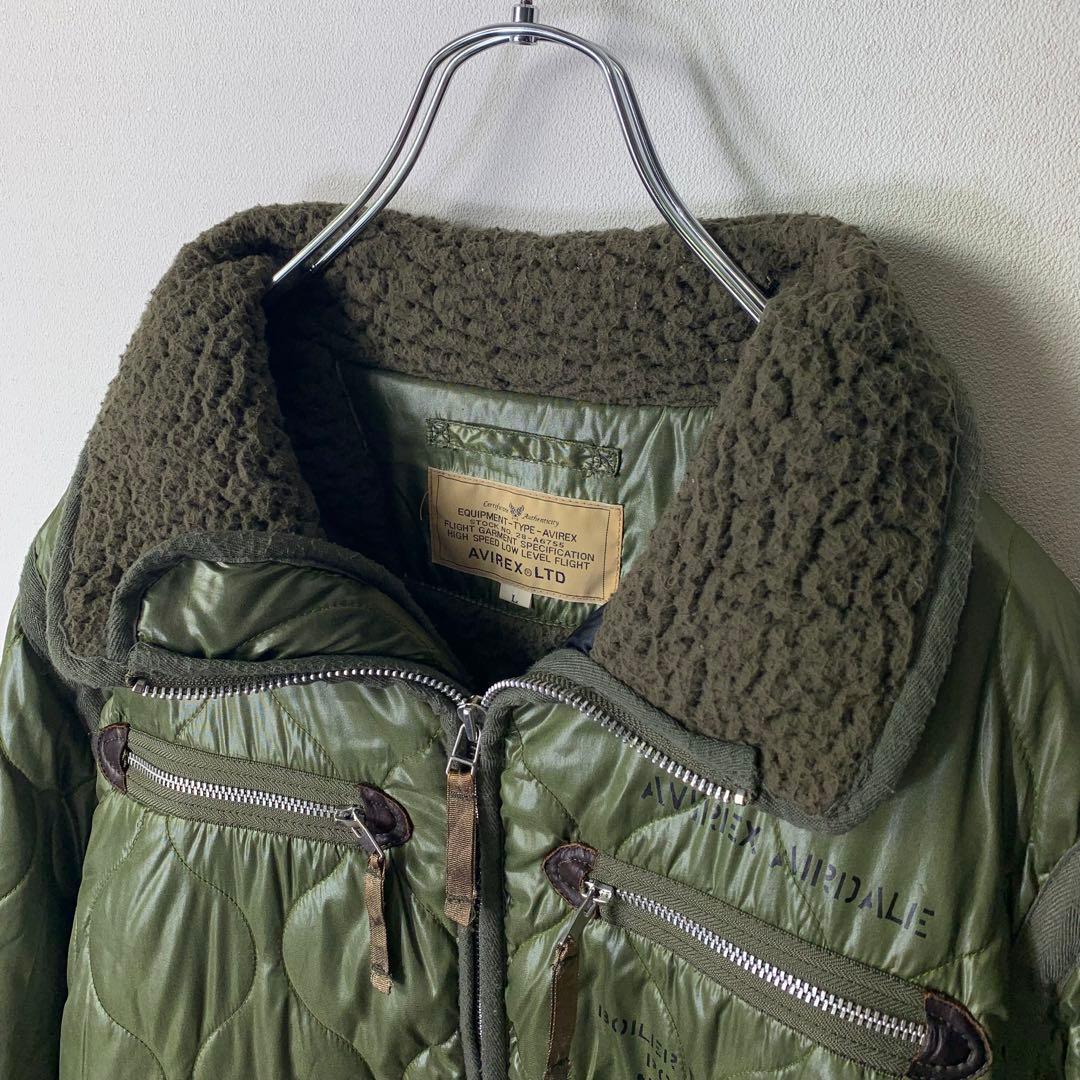 avirex キルティングフライトジャケット L カーキ 中綿 ボア ジップ