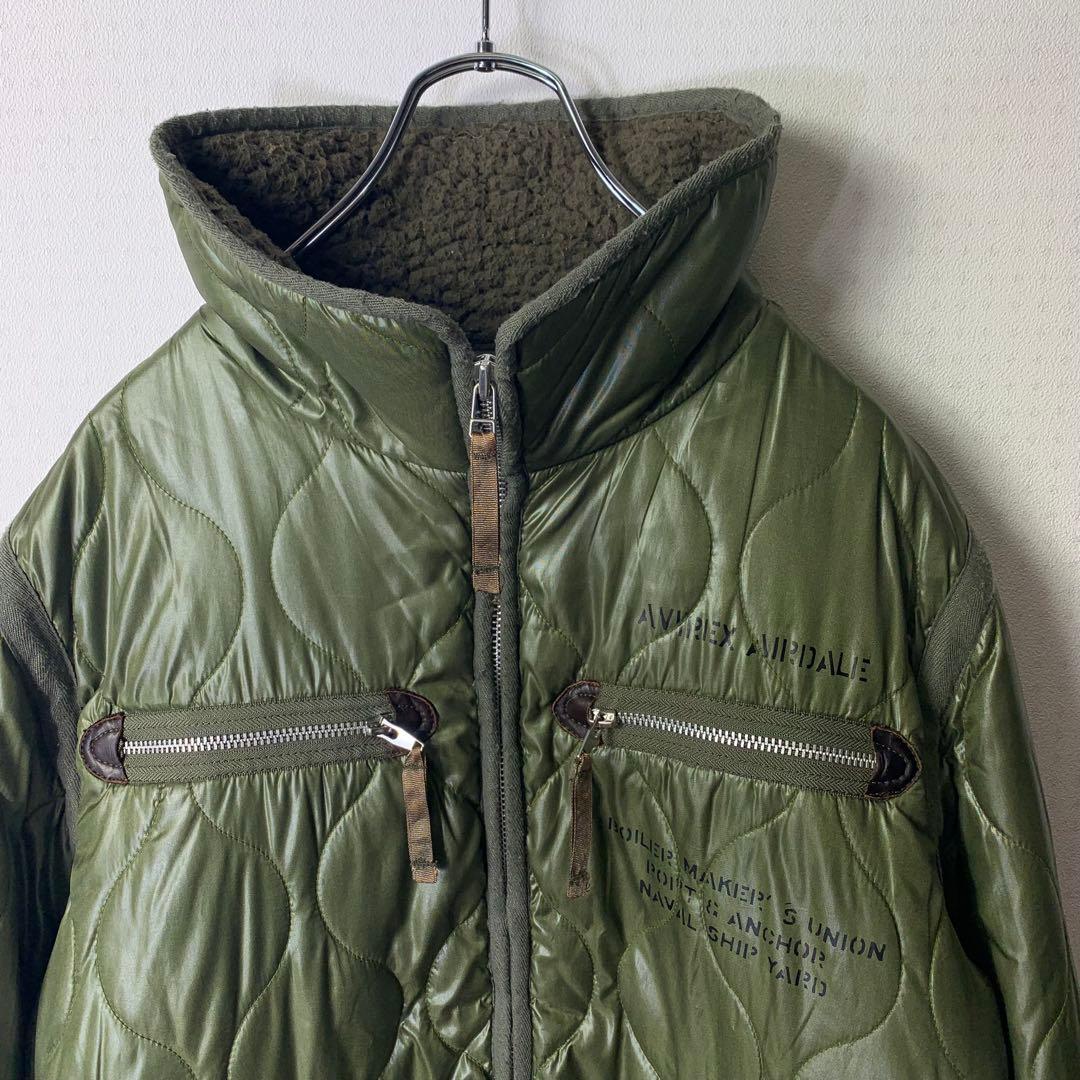 avirex キルティングフライトジャケット L カーキ 中綿 ボア ジップ