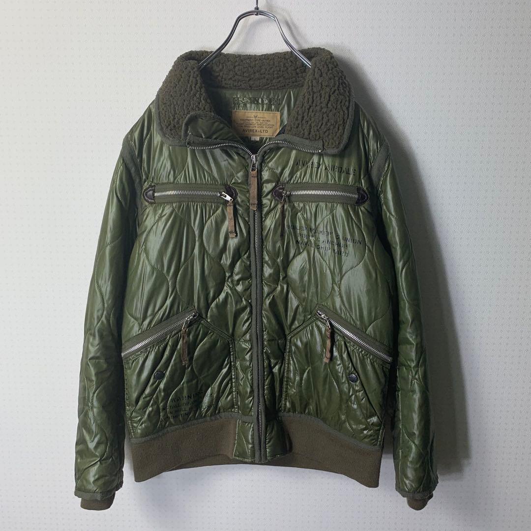 avirex キルティングフライトジャケット L カーキ 中綿 ボア ジップ