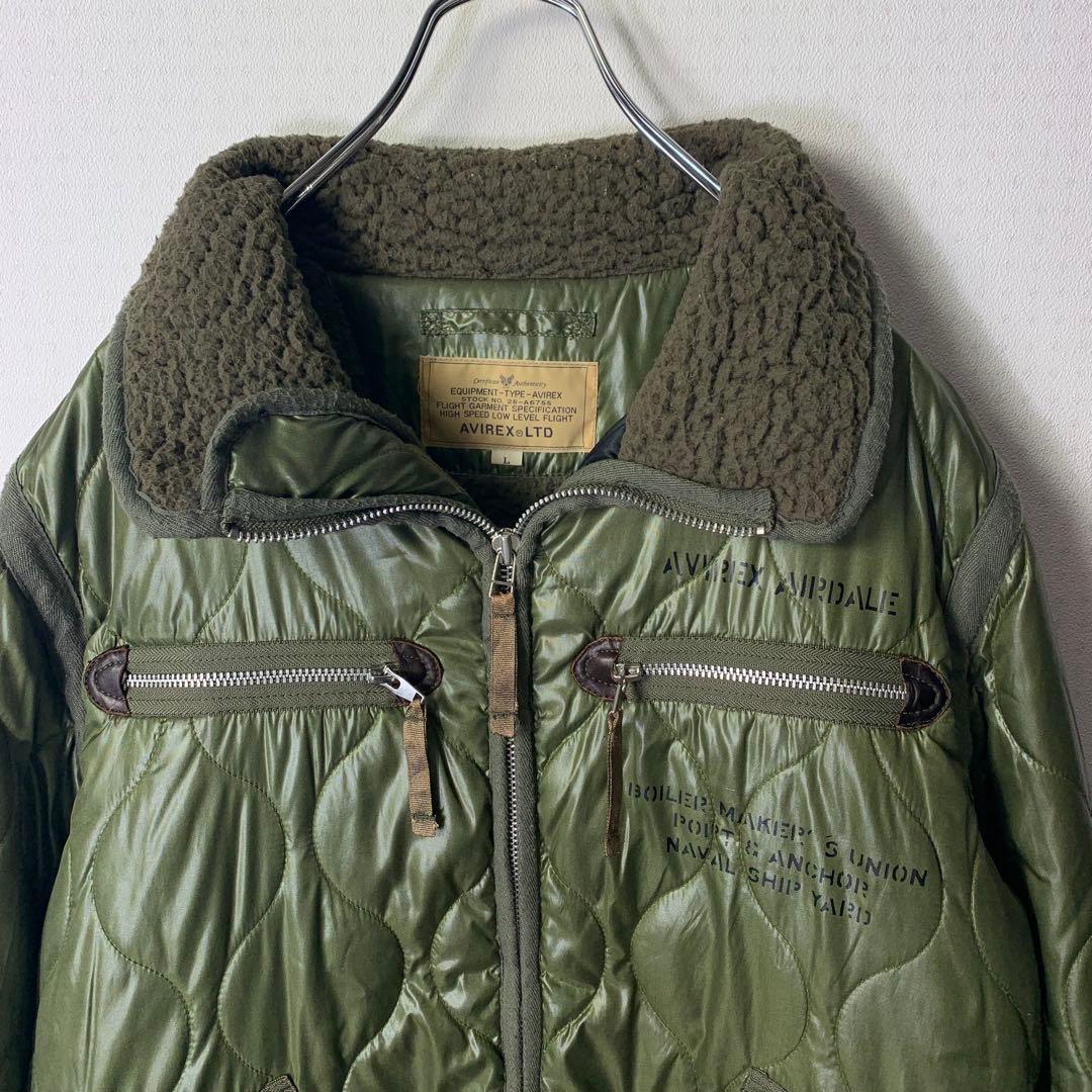 avirex キルティングフライトジャケット L カーキ 中綿 ボア ジップ