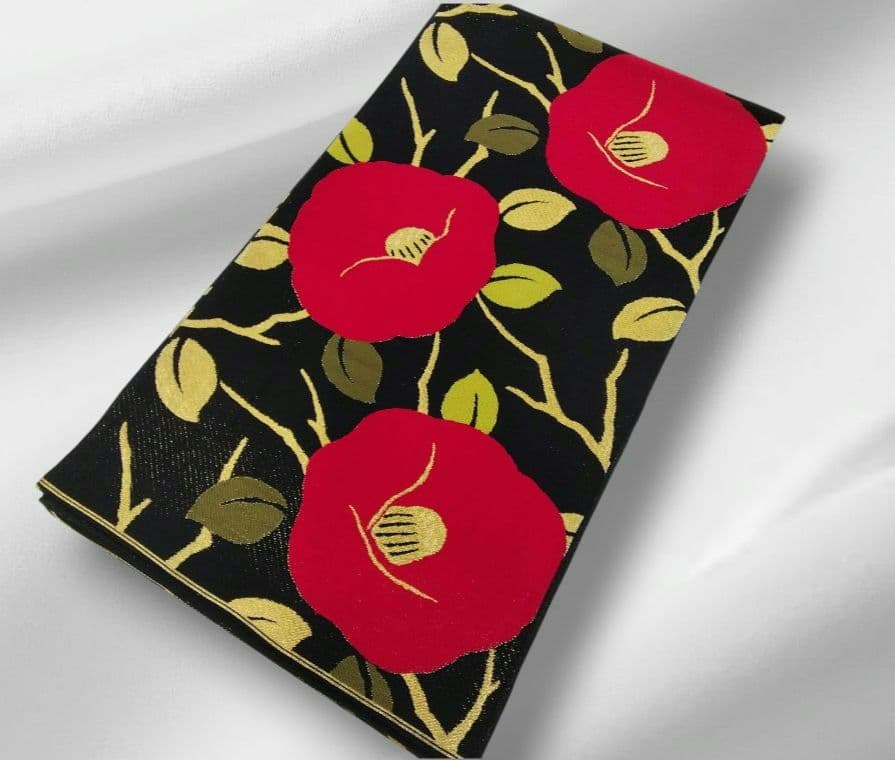 袋帯　振袖　椿　黒　赤　正絹　　　#1112
