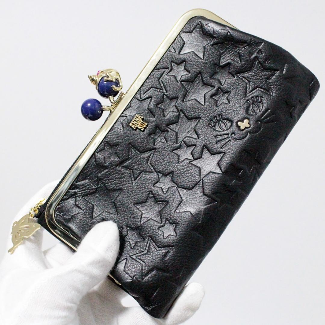 新品 アナスイ ふっくらレザー ネコちゃんがま口小銭入れ 二つ折り長財布 黒