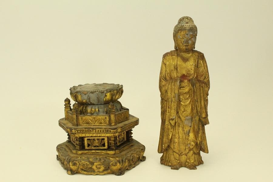 仏教美術 木彫 金彩 阿弥陀如来像 時代物 高35.5cm(A511)