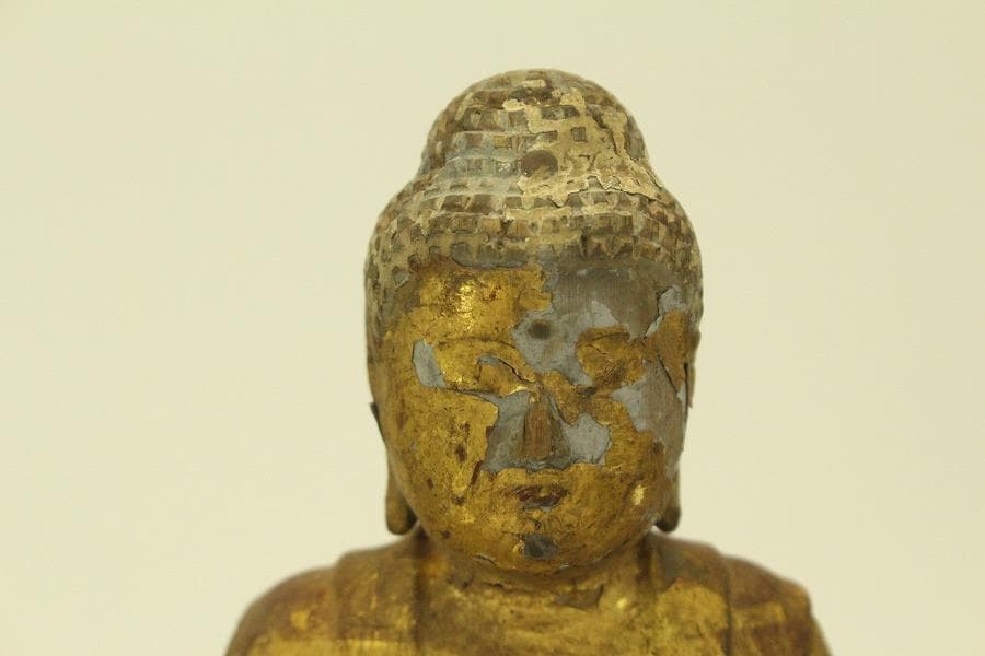 仏教美術 木彫 金彩 阿弥陀如来像 時代物 高35.5cm(A511)