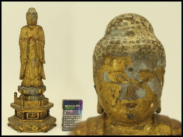 仏教美術 木彫 金彩 阿弥陀如来像 時代物 高35.5cm(A511)