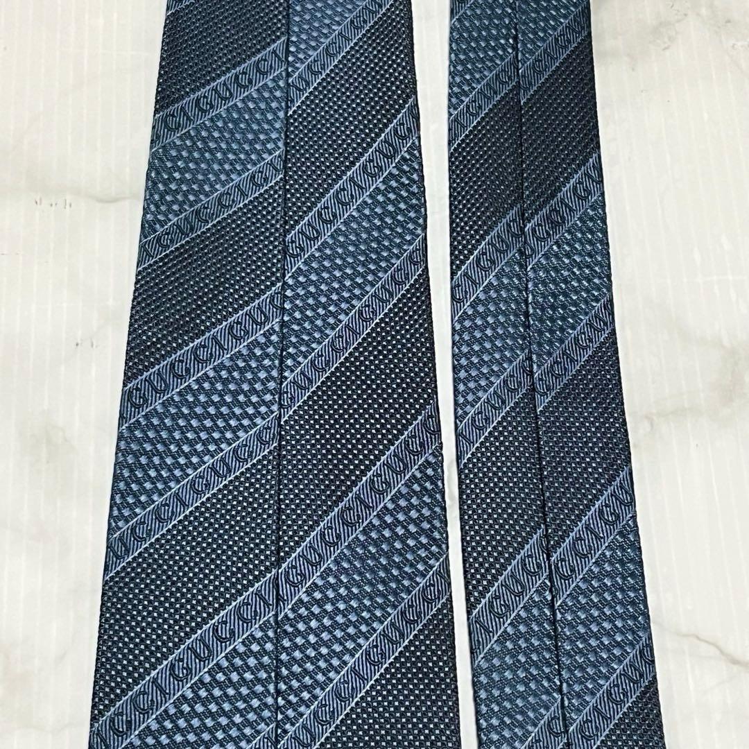 GUCCI グッチ 現行 ロゴ入り 蜂タグ ブルー グレー ネクタイ イタリア製