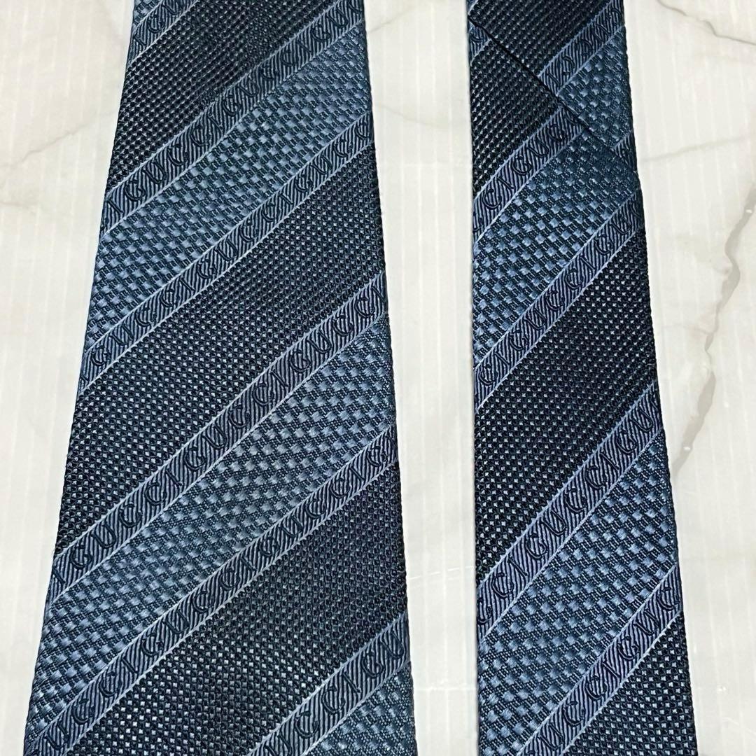 GUCCI グッチ 現行 ロゴ入り 蜂タグ ブルー グレー ネクタイ イタリア製