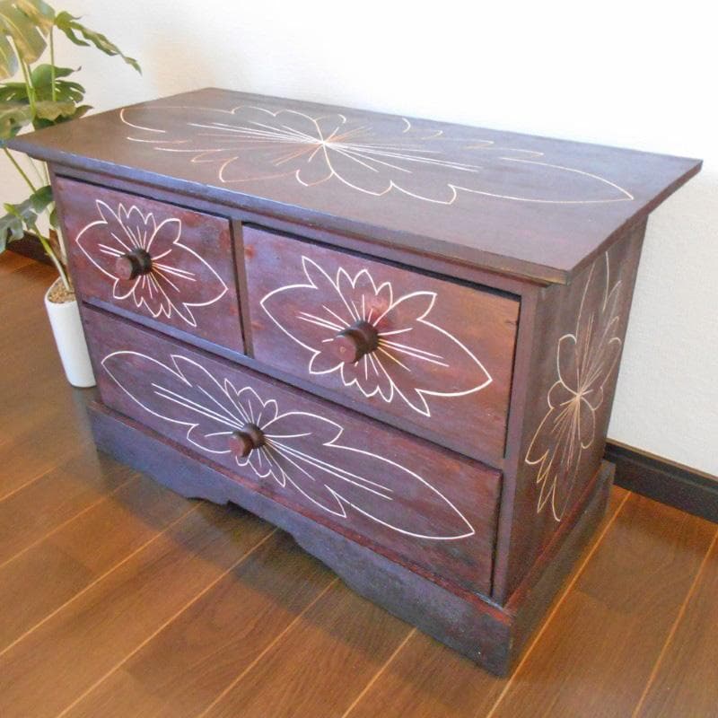 花柄模様 チェスト アジアン家具 バリ家具 収納家具 完成品家具 アンティーク風