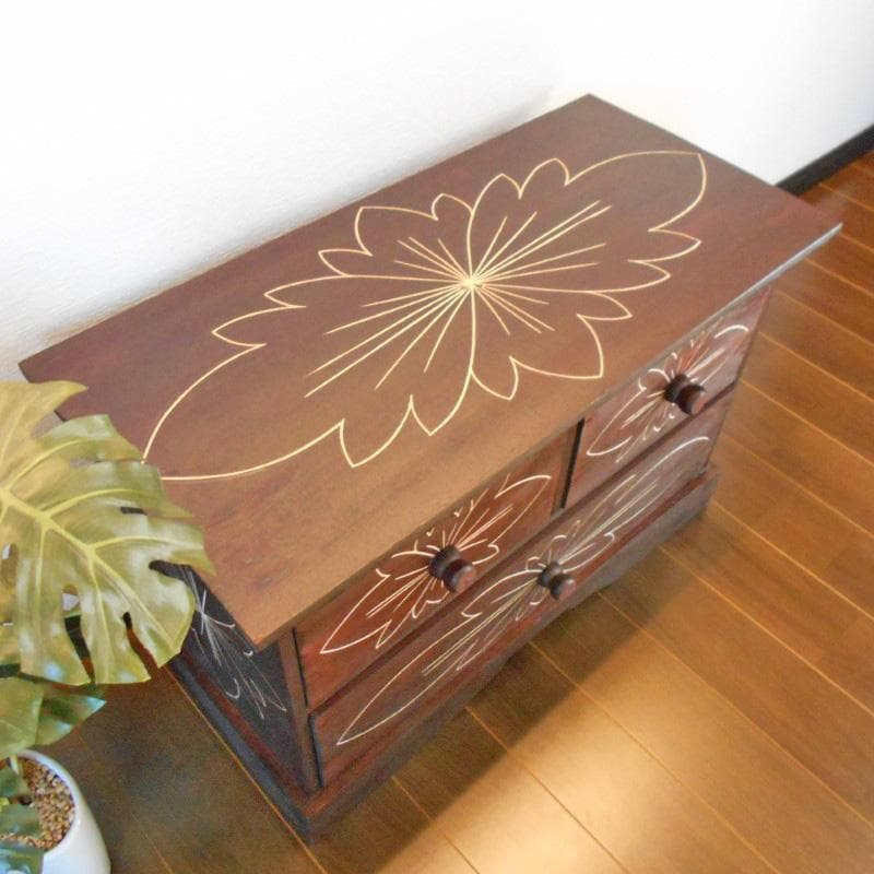 花柄模様 チェスト アジアン家具 バリ家具 収納家具 完成品家具 アンティーク風