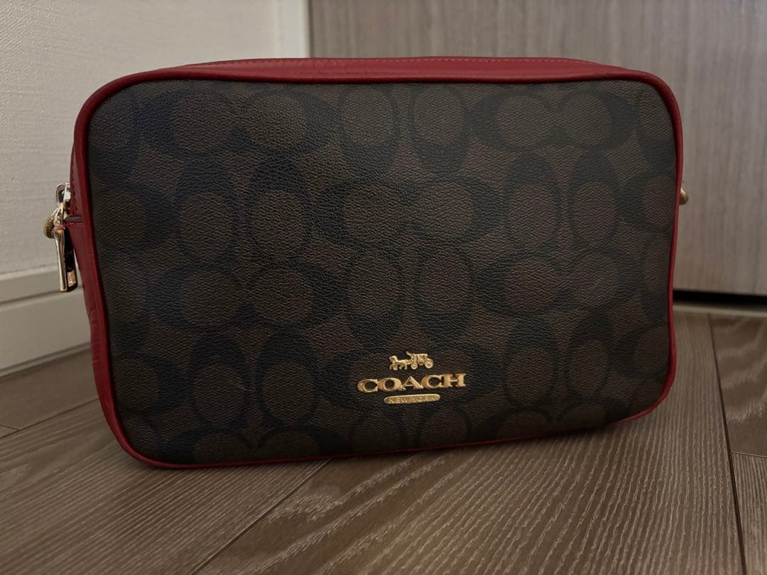 【お値下げ可】COACH ショルダーバッグ シグネチャー　ブラウン/レッド