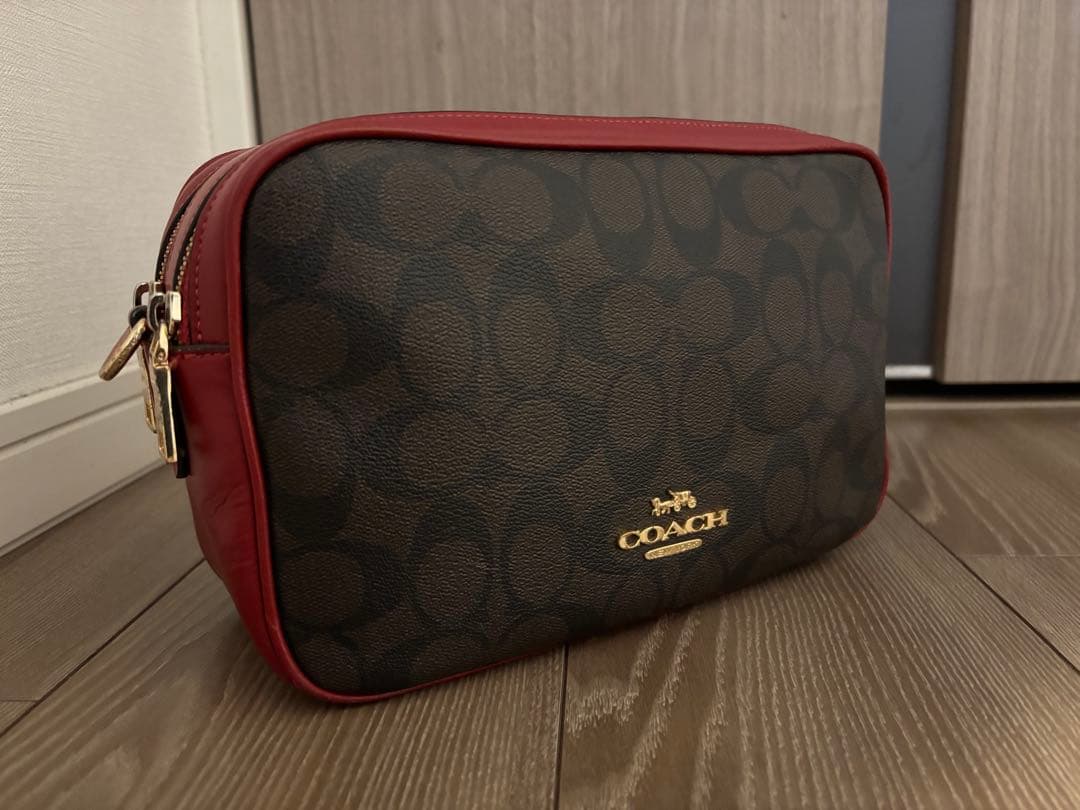 【お値下げ可】COACH ショルダーバッグ シグネチャー　ブラウン/レッド