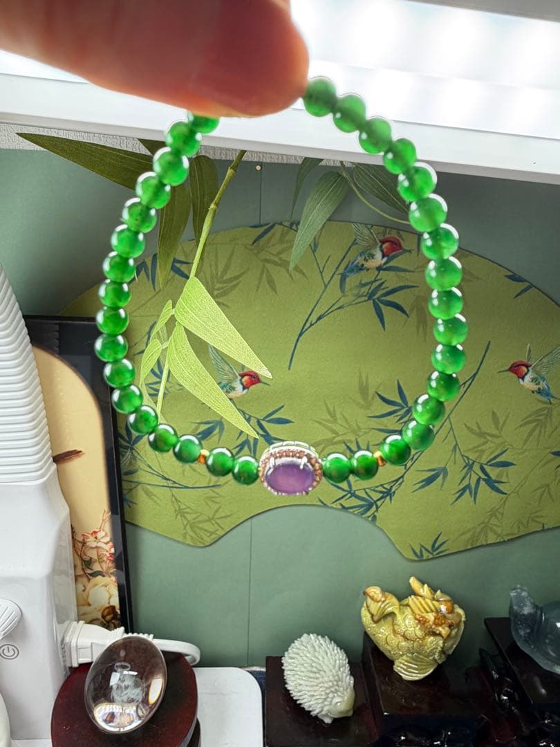 限定1点‼️ 貴重、希少品‼️18kビーズ入りロウカン質極上氷陽緑翡翠ブレス＆リング