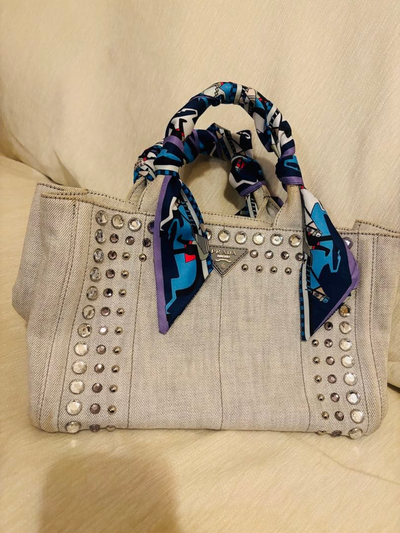 【PRADA プラダ】カナパ　キャンバス トートバッグ スタッズ付き