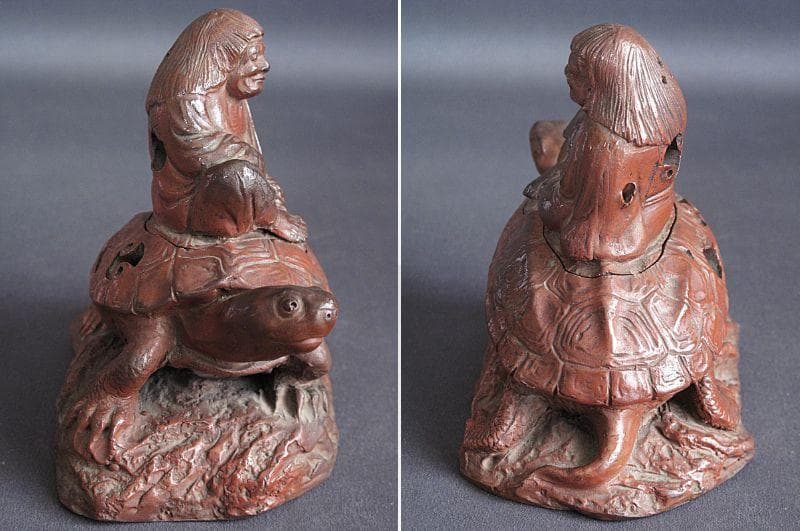 値下げ‼️ 時代!! 天保赤備前『亀に仙人香炉』珍しい細工物　高13㎝