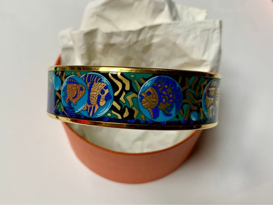 HERMES エルメス ワイドバングル エマイユ熱帯魚ブルー×ゴールド