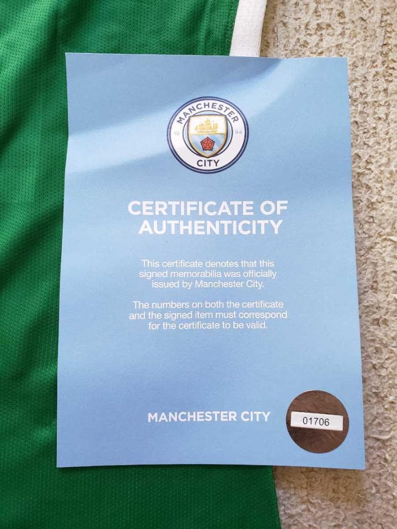 17/18 マンチェスターシティ エデルソン 実使用 公式証明書 ユニフォーム