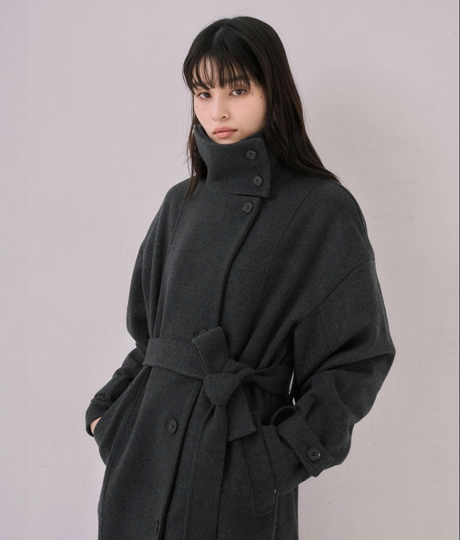 スタンドカラーロングコート｜保温/撥水/静電気防止/ウール100%ベルト付き