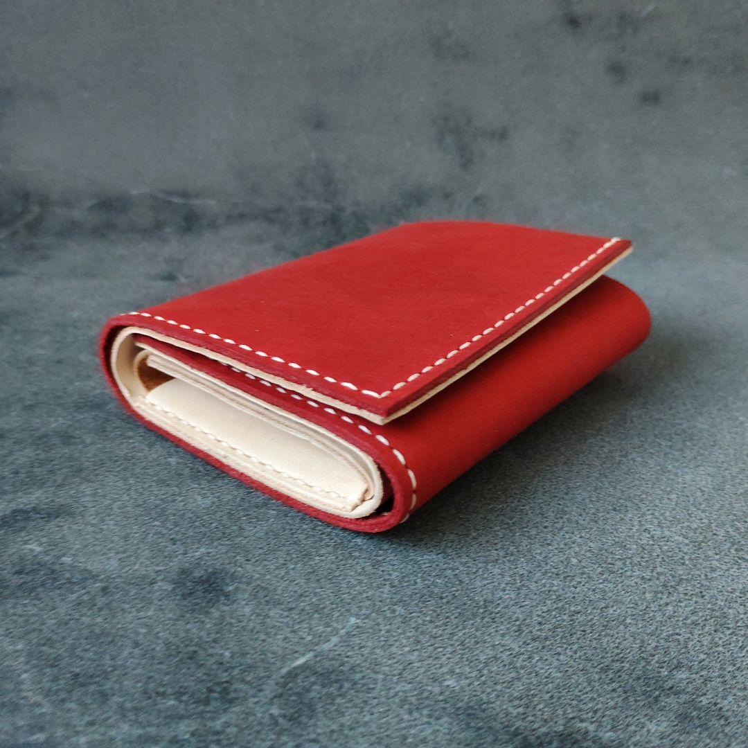 コンパクト3つ折り財布　ハンドメイド イタリアンレザー ヌメ革 赤 手縫い