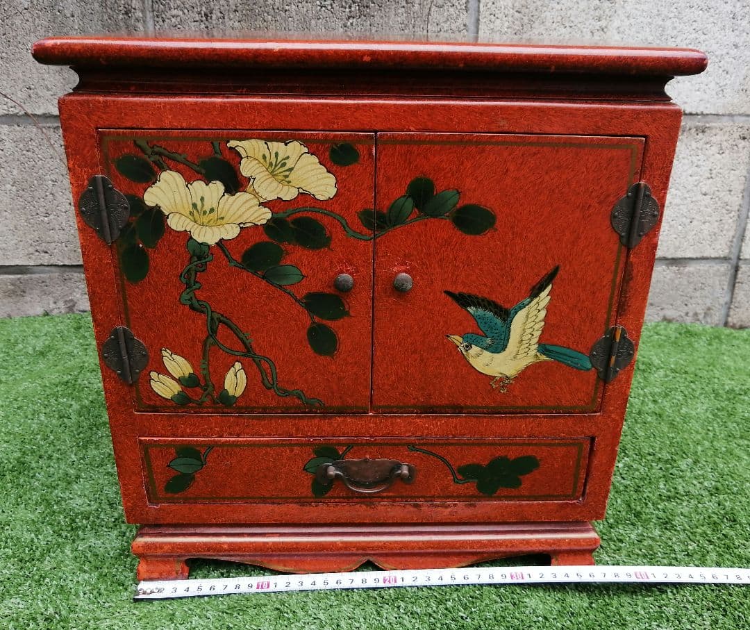 ヴィンテージ 花柄 小型木製箪笥　シノワズリ　漆塗り　アジアン　李朝　チェスト