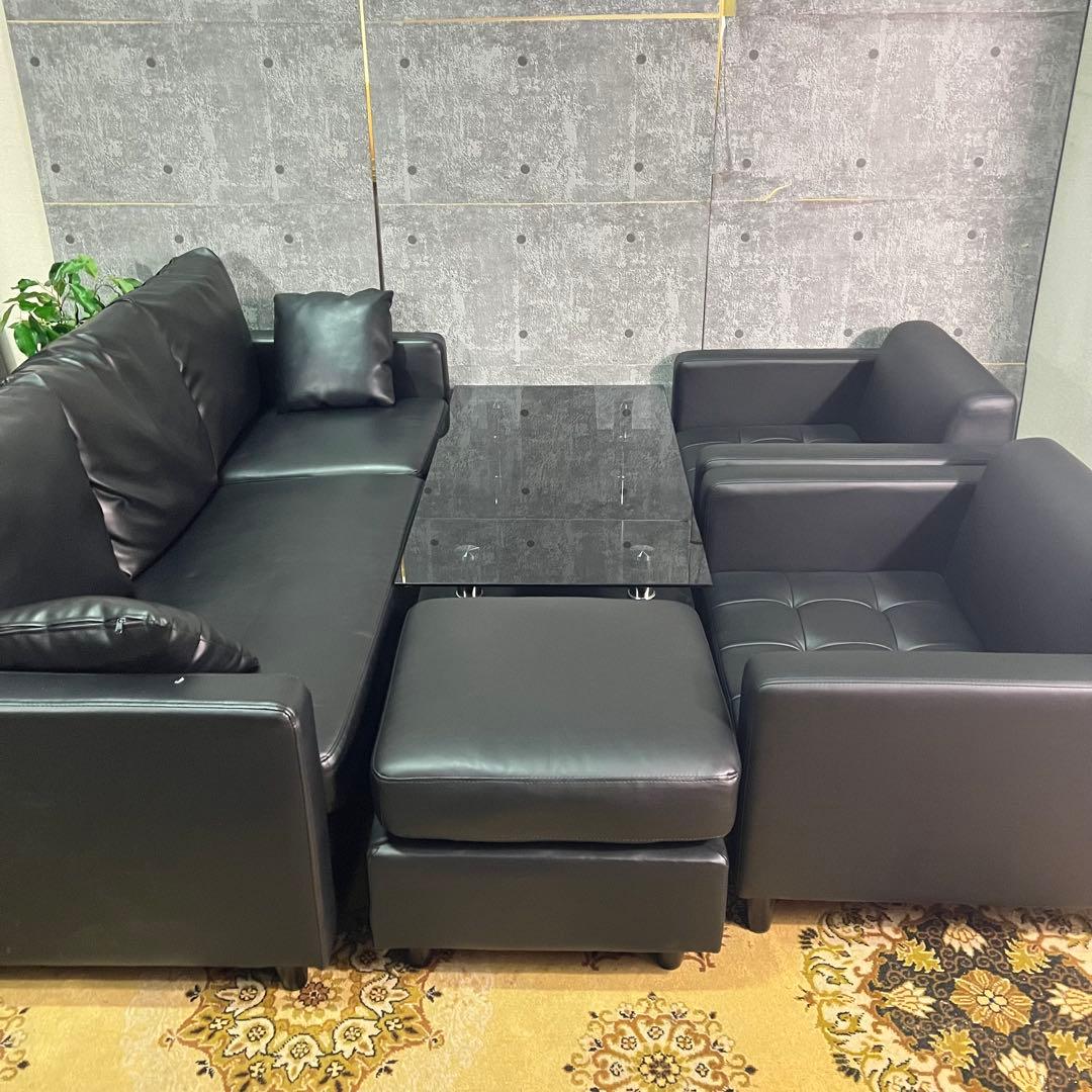 コメント者꧁サンワサプライ꧂ソファ&オットマン&ガラステーブルセット