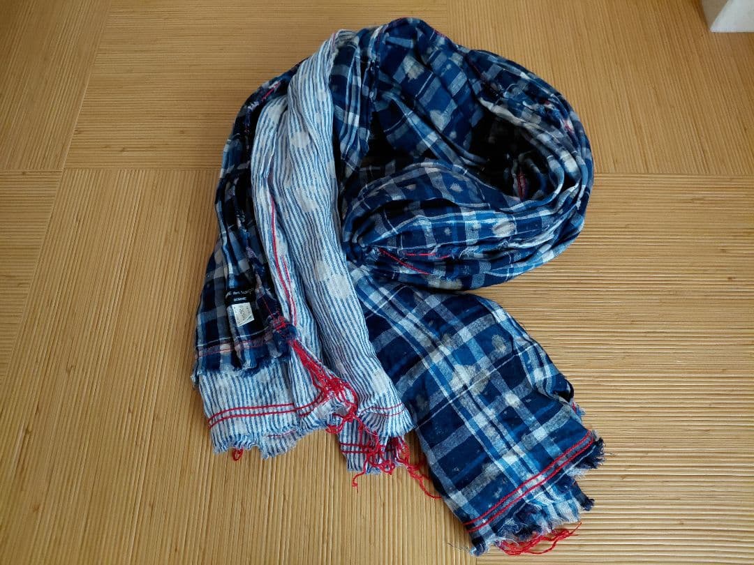 コム・デ・ギャルソン　 麻　ストール　ブルー　チェック　大判