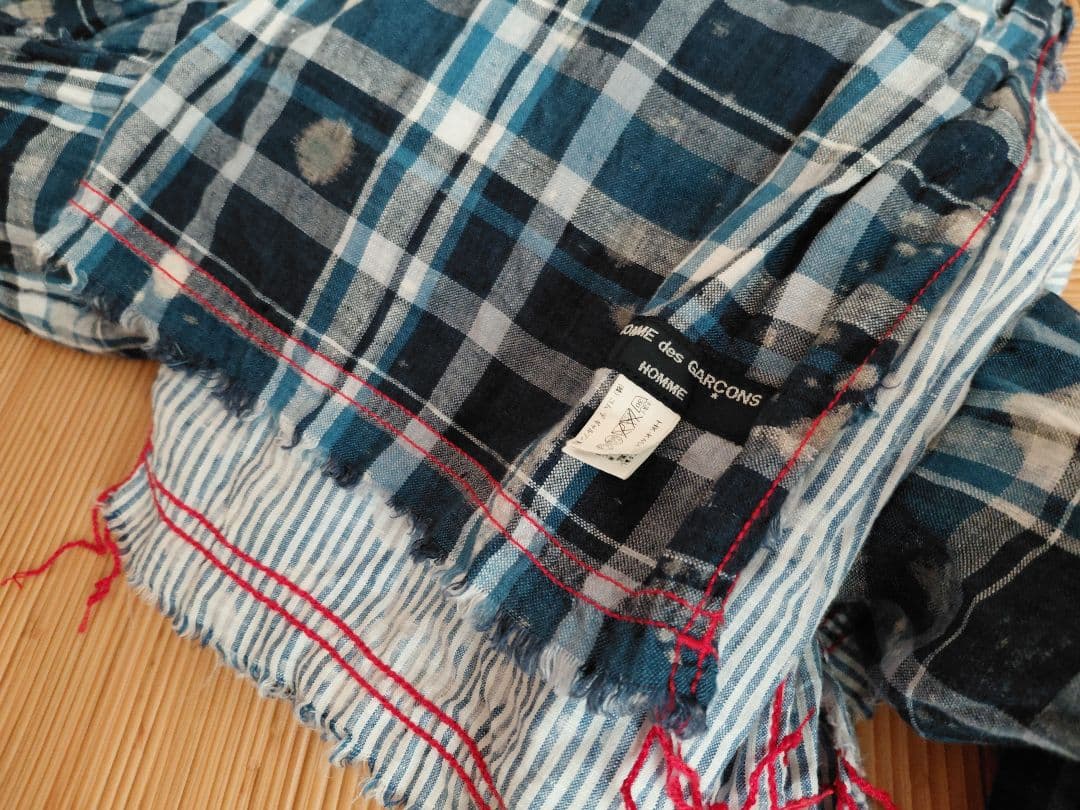 コム・デ・ギャルソン　 麻　ストール　ブルー　チェック　大判