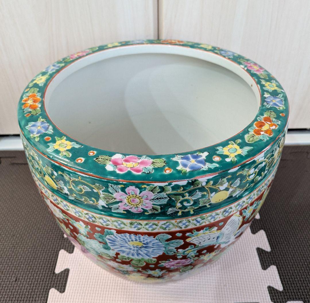 十錦手色絵　花・蝶　火鉢　年代物