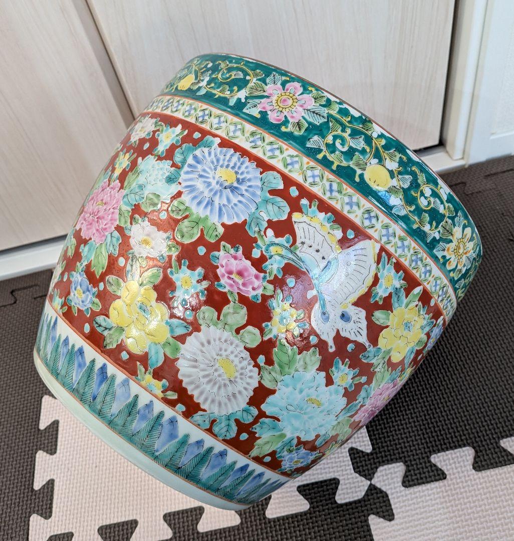 十錦手色絵　花・蝶　火鉢　年代物