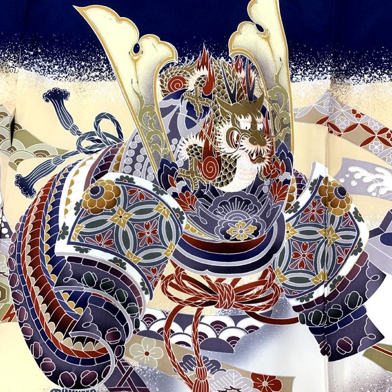 502ay55□お宮参り 男児 祝い着 着物 長襦袢付 龍に兜 玉手箱 鼓□美品