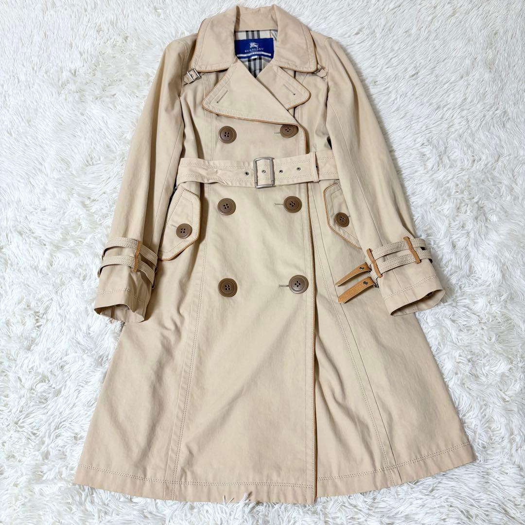 バーバリーブルーレーベル ノバチェック裏地付き トレンチコート ベージュ 牛革