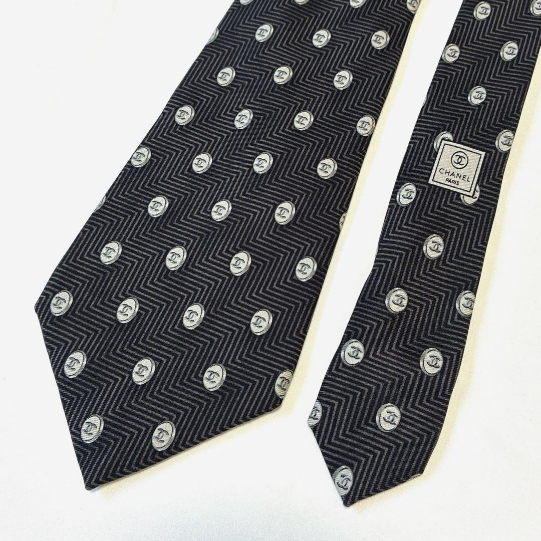 ◆CHANEL シャネル ネクタイ 美品 ココマーク 総柄 ロゴ ブラック