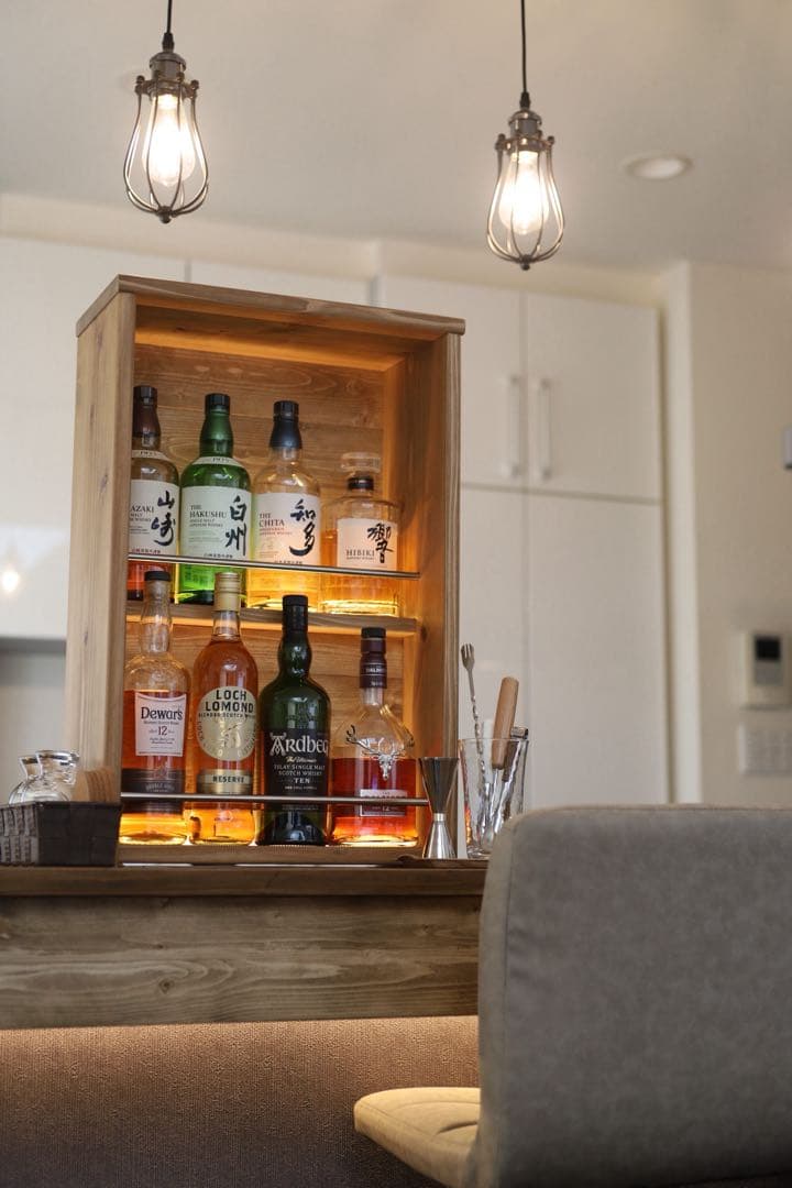 ウイスキーラック　シェルフ　LEDライト付き　ビンテージ　ハンドメイド