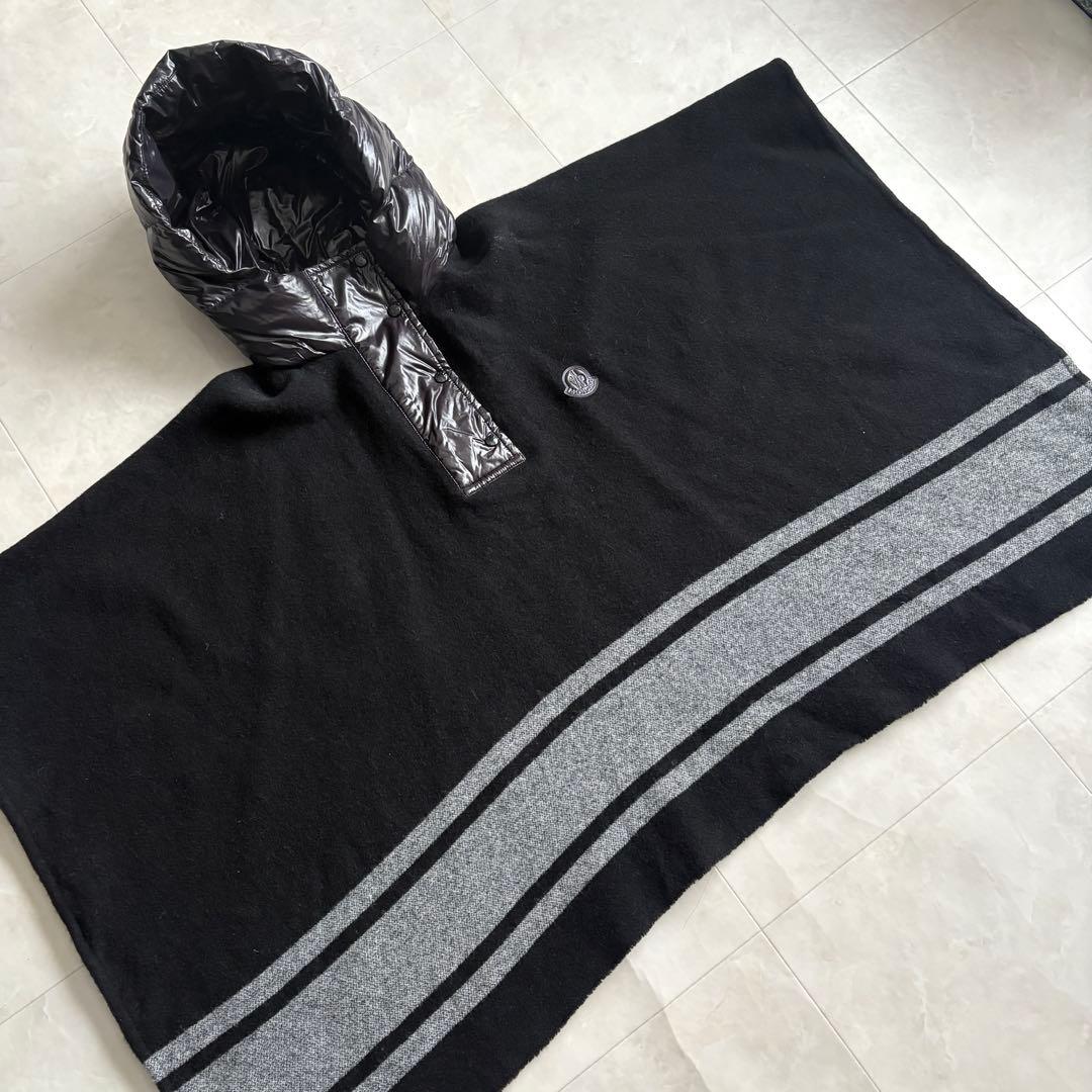 MONCLER ダウンフード付ポンチョケープ 黒 12A ウール混 M相当