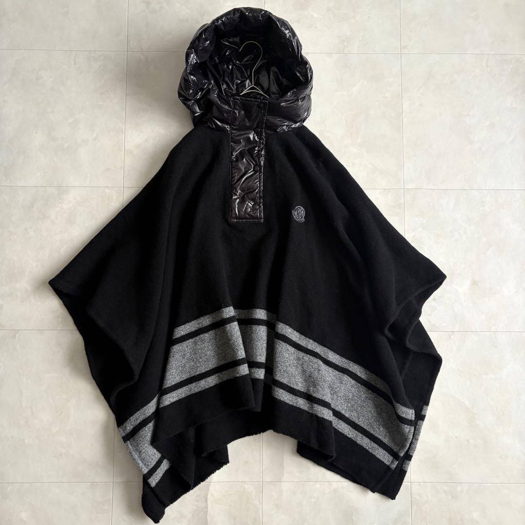 MONCLER ダウンフード付ポンチョケープ 黒 12A ウール混 M相当