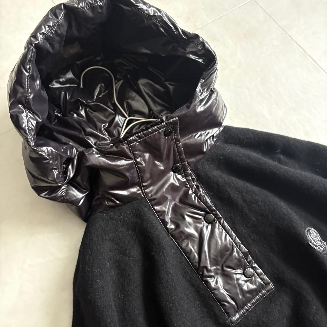 MONCLER ダウンフード付ポンチョケープ 黒 12A ウール混 M相当