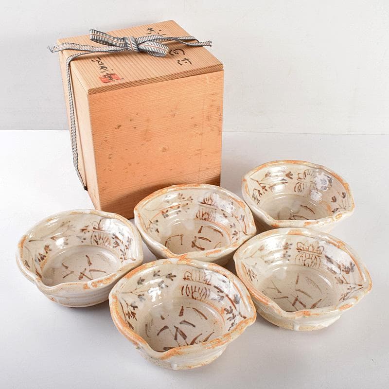 和食器　笠原窯　志野　向付　五客　共箱　V　R4988